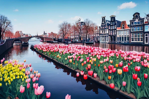 Voyage en autocar le long des canaux d'Amsterdam, avec des tulipes et des maisons urbaines en arrière-plan