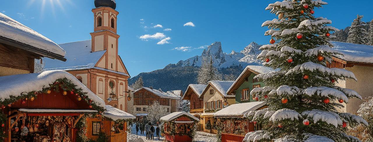 Marché de Noël européen sous le soleil, chalets décorés, neige au sol et ciel bleu