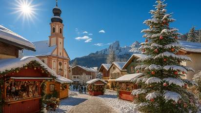 Marché de Noël européen sous le soleil, chalets décorés, neige au sol et ciel bleu