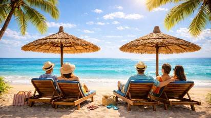 Vacances en bord de mer avec palmiers, parasols, chaises longues et touristes de dos sous le soleil