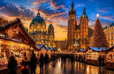 Christmas market in Krakow, Poland during a coach tour in Central Europe